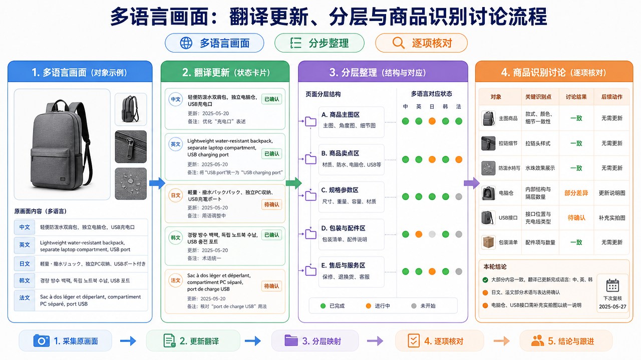 多语言画面的分区流程图，箭头连接整理与核对步骤