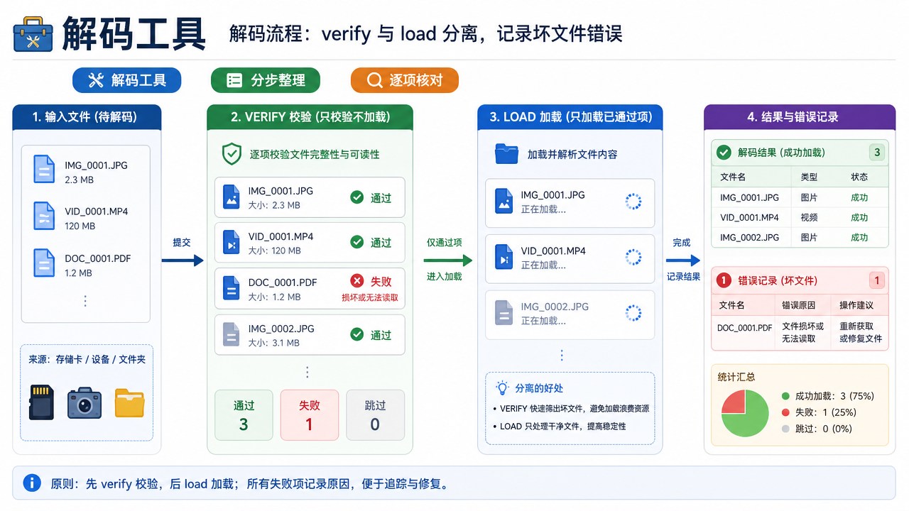 解码工具的分区流程图，箭头连接整理与核对步骤