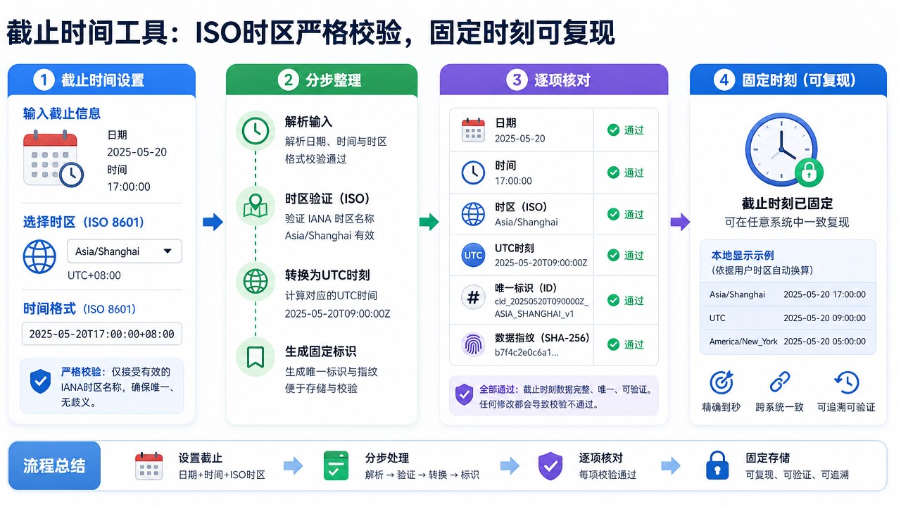 截止时间工具的分区流程图，箭头连接整理与核对步骤