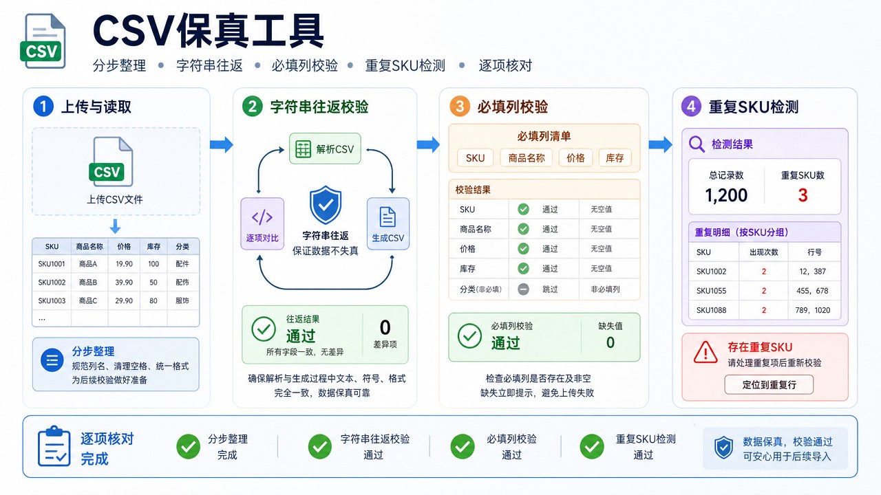 CSV保真工具的分区流程图，箭头连接整理与核对步骤